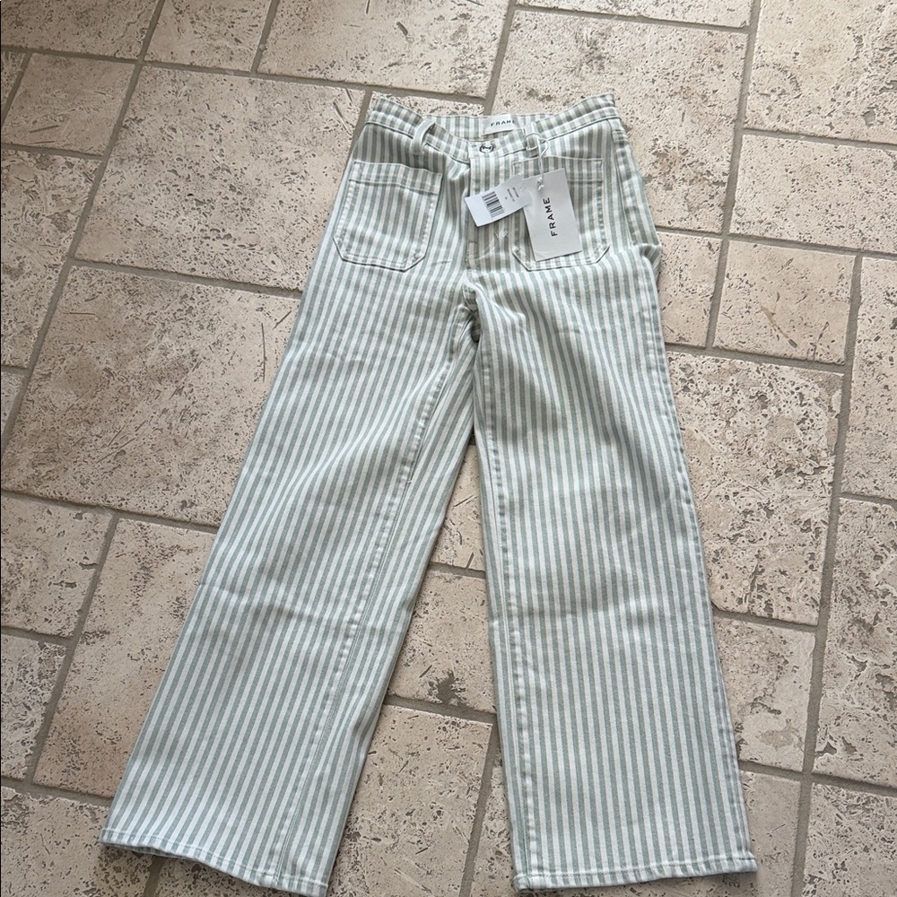 Frame Denim Sage and Cream Striped Pants